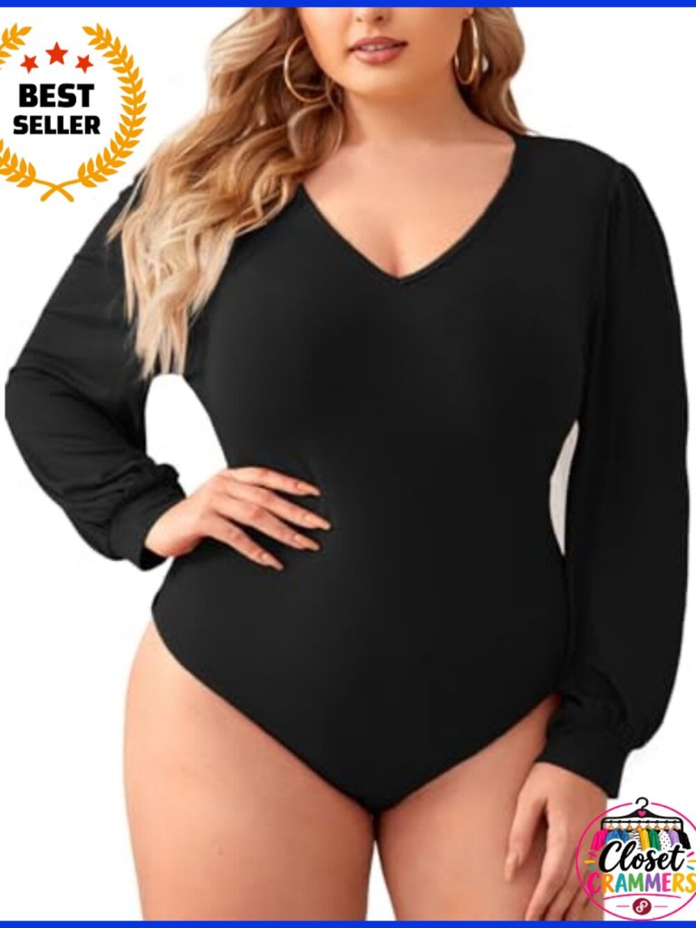 Plus Size V Neck Long Sleeve Bodysuit Stretch Leotard Basic Top
